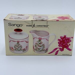 Vintage Sango 1992 'Home For Christmas' 2pc Set Cream & Sugar Bowl (w/lid) -NOB!